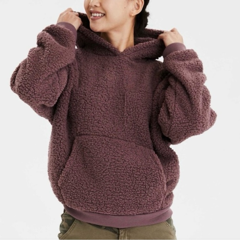 American Eagle AE Sherpa Teddy Hoodie Medium Plum Purple Cozy Lightweight Soft